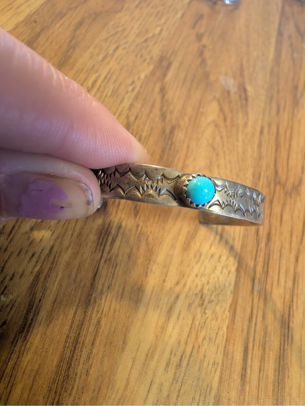 Sterling Silver Turquoise Children's Cuff Bracelet  Native American Engraving